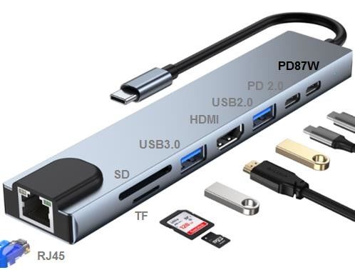 8 In 1 USB C Hub Adapter HDMI 4K RJ45 Ethernet PD Type C USB 3.0 SD TF