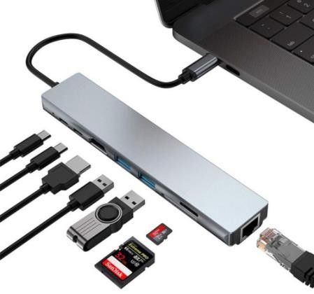 8 In 1 USB C Hub Adapter HDMI 4K RJ45 Ethernet PD Type C USB 3.0 SD TF