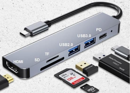75g Computer Accessories HDMI 4K SD TF USB 3.0 USB2.0 PD 6 In 1 USB C Hub